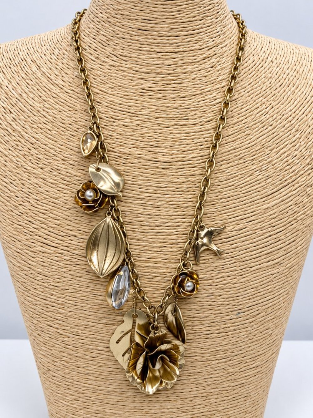 Antique Gold Tone Floral Leaf Bird Charm Statement Necklace
